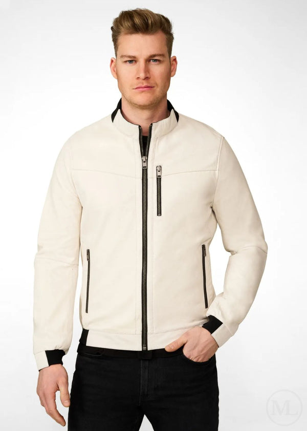 Vanguard – Men’s White Nappa Leather Bomber Jacket with Stand-Up Collar