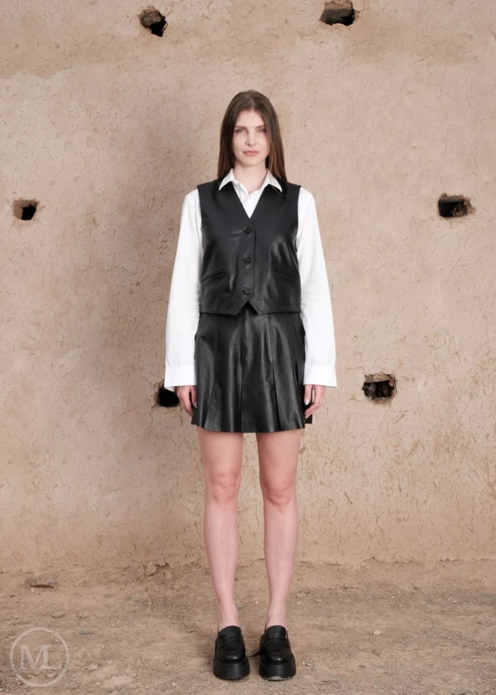 Veda – Women’s Black Tailored V-Neck Leather Vest with Button Front