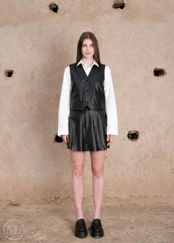 Veda – Women’s Black Tailored V-Neck Leather Vest with Button Front