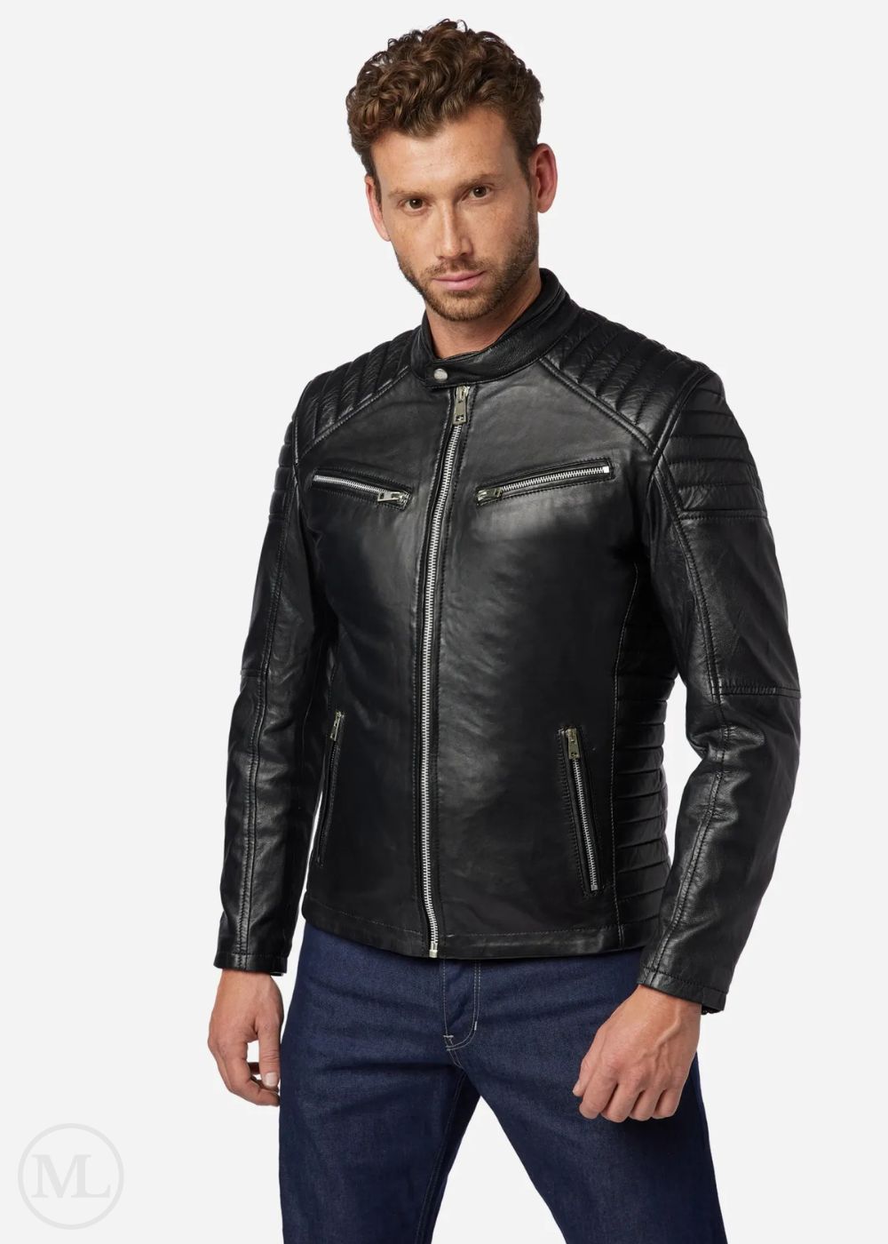 Victor – Men’s Black Nappa Leather Café Racer Jacket with Quilted Shoulder & Sides