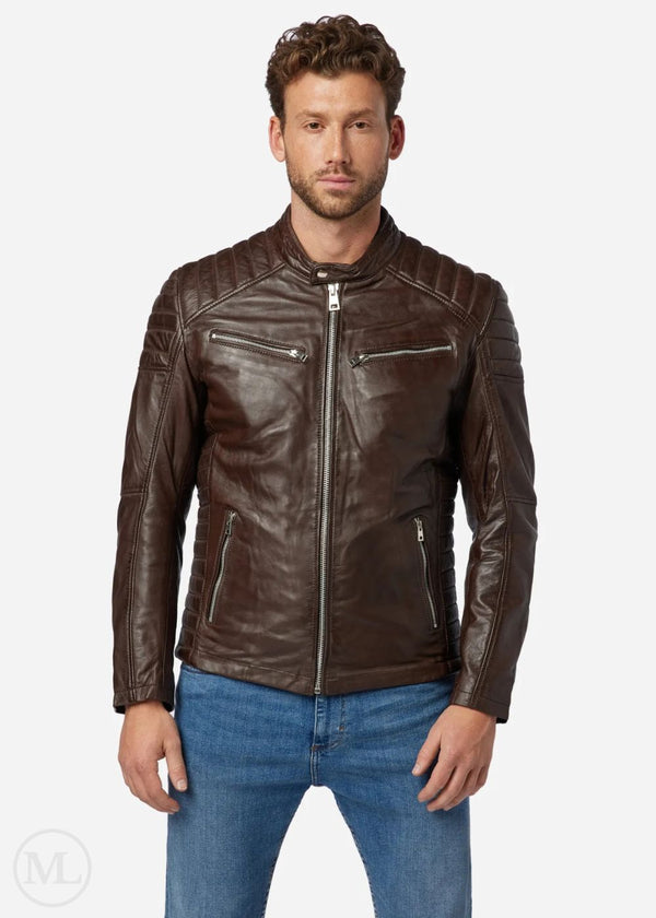 Victor – Men’s Brown Nappa Leather Café Racer Jacket with Quilted Shoulder & Sides