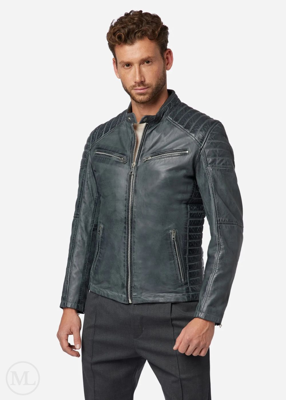 Victor – Men’s Grey Nappa Leather Café Racer Jacket with Quilted Shoulder & Sides