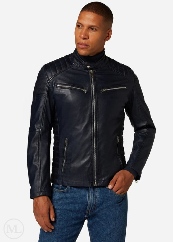 Victor – Men’s Navy Nappa Leather Café Racer Jacket with Quilted Shoulder & Sides