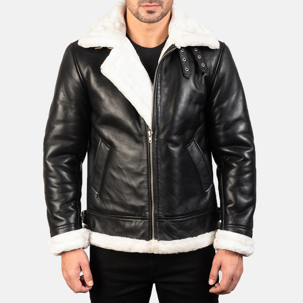 Bennett black and white leather aviator jacket, front view — OX & ARMOR