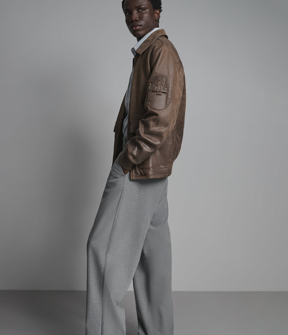 Brooks brown vintage leather bomber jacket, detail view — OX & ARMOUR