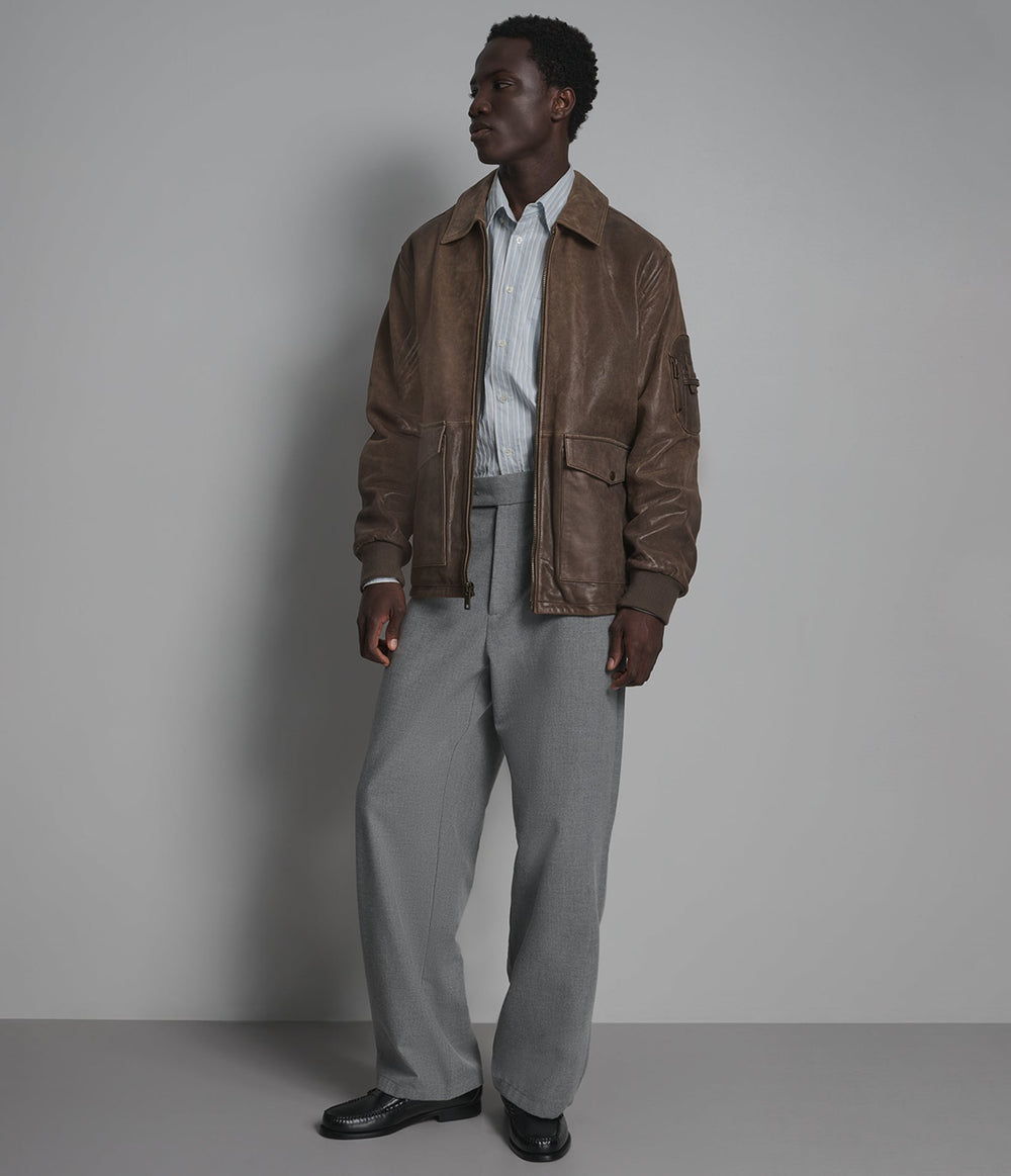 Brooks brown vintage leather bomber jacket, detail view — OX & ARMOUR