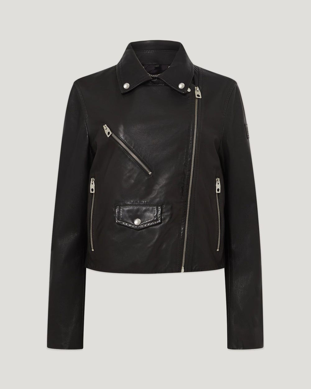 Camille black leather biker jacket, front view — OX & ARMOR