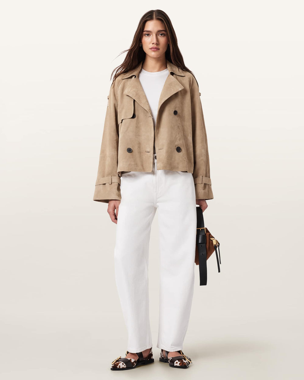 Colette taupe cropped suede trench coat, back view — OX & ARMOR