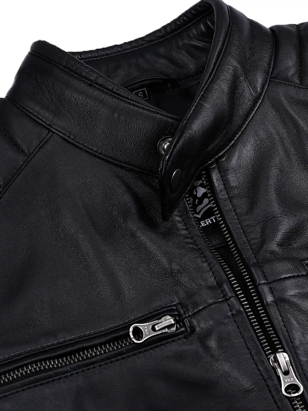 Dax black quilted leather biker jacket, collar and zip detail — OX & ARMOR