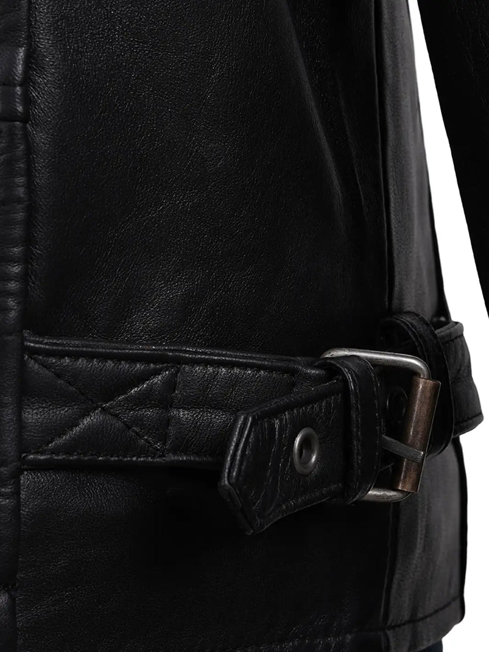 Dax black quilted leather biker jacket, waist strap detail — OX & ARMOR