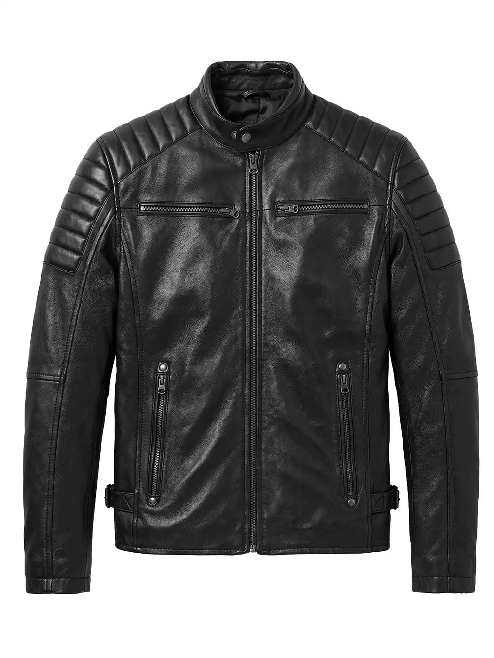 Dax black quilted leather biker jacket, quilted shoulder detail — OX & ARMOR