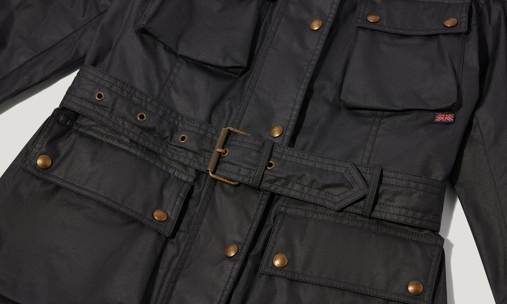 Delphine dark navy waxed cotton biker jacket, detail view — OX & ARMOR