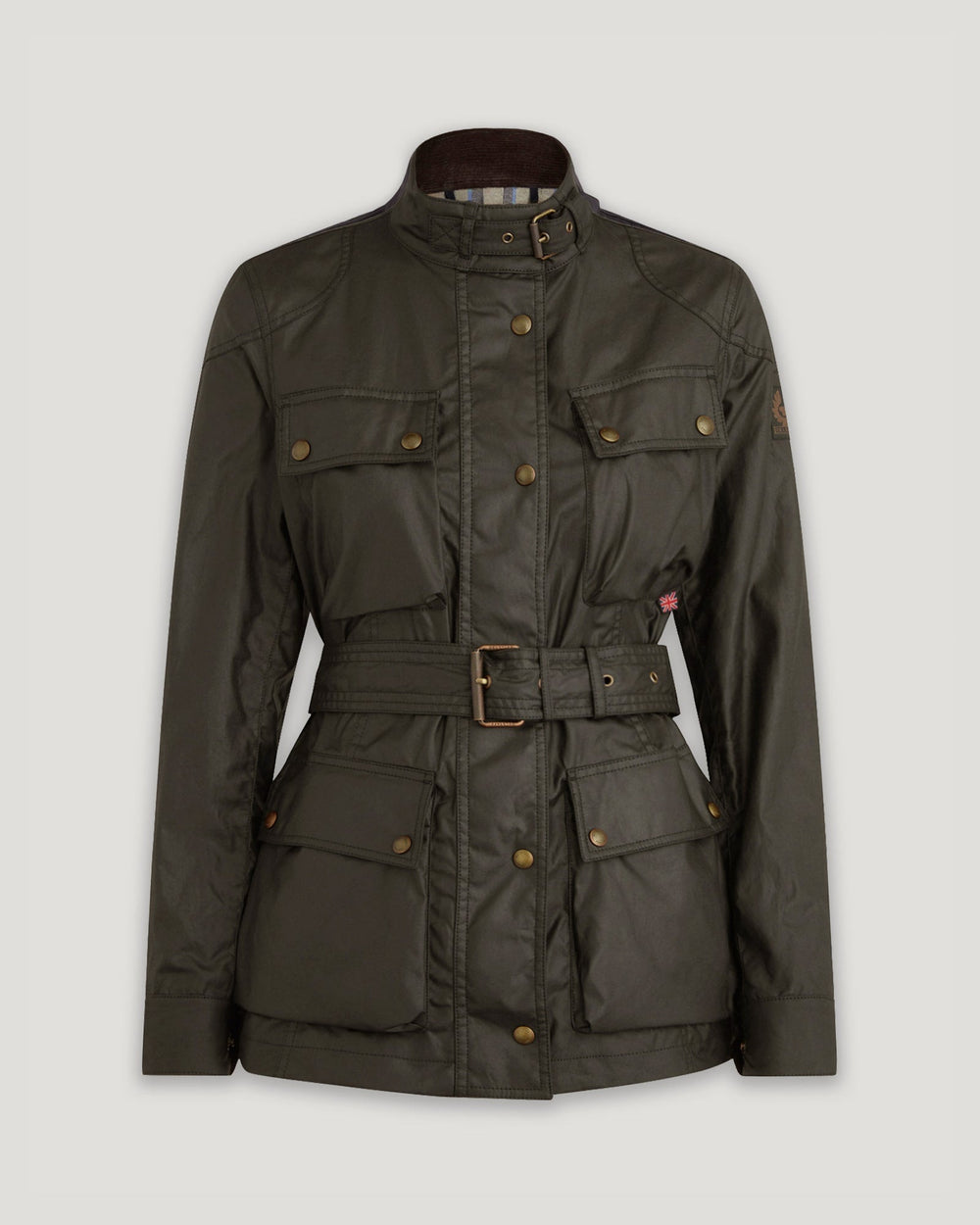 Delphine faded olive waxed cotton biker jacket, front view — OX & ARMOR