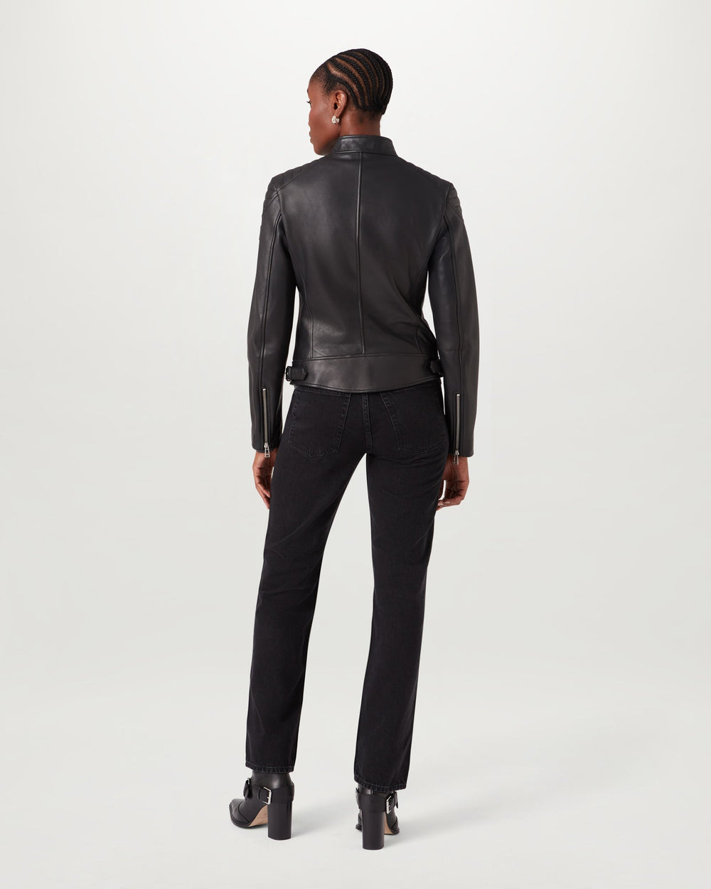 Elodie black leather biker jacket, side view — OX & ARMOR