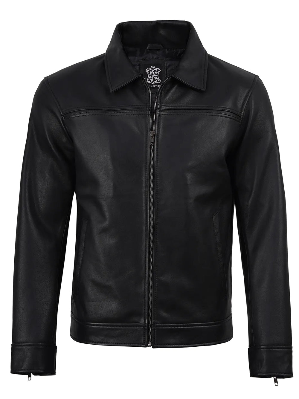 Emerson black leather harrington jacket, detail view — OX & ARMOR