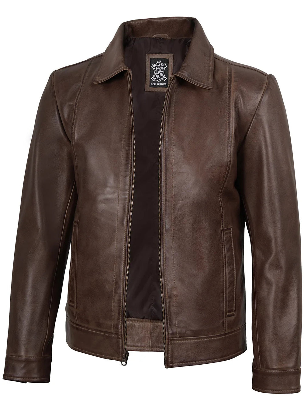 Everett chocolate brown leather harrington jacket, front view — OX & ARMOR