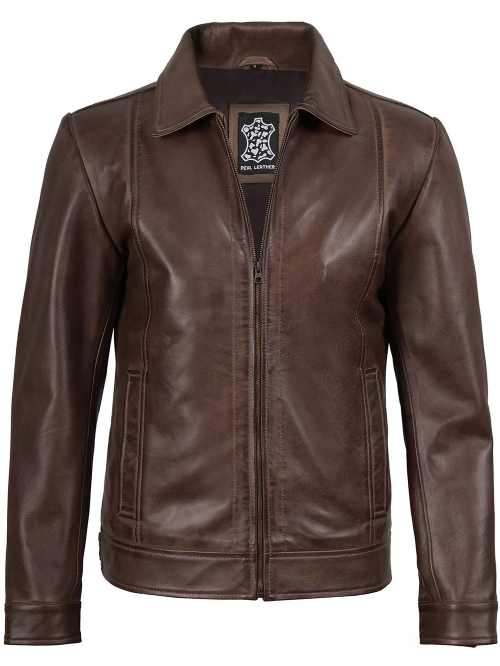 Everett chocolate brown leather harrington jacket, detail view — OX & ARMOR