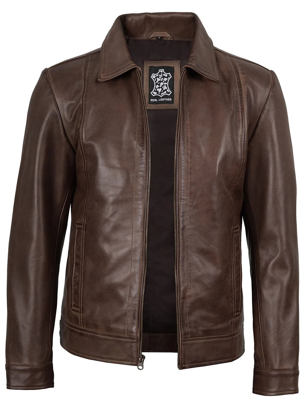 Everett chocolate brown leather harrington jacket, side view — OX & ARMOR
