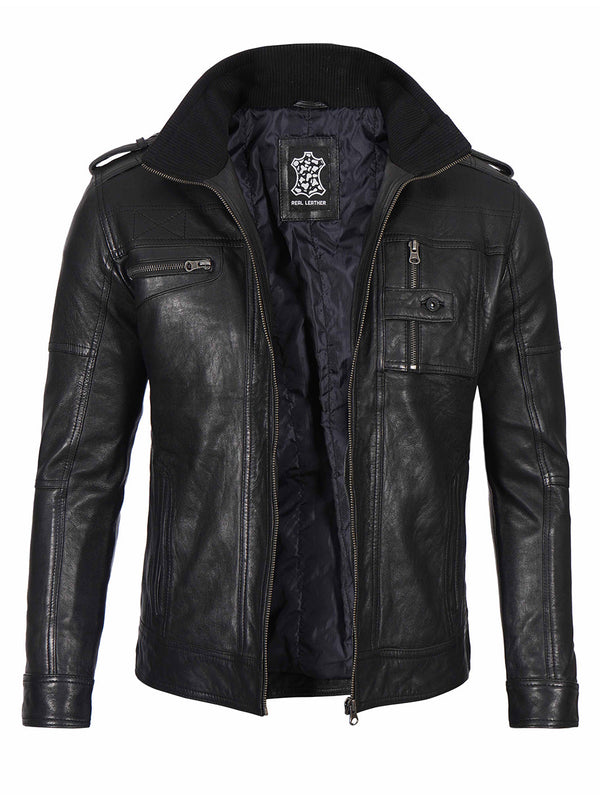 Flynn Black Waxed Leather Cafe Racer Jacket