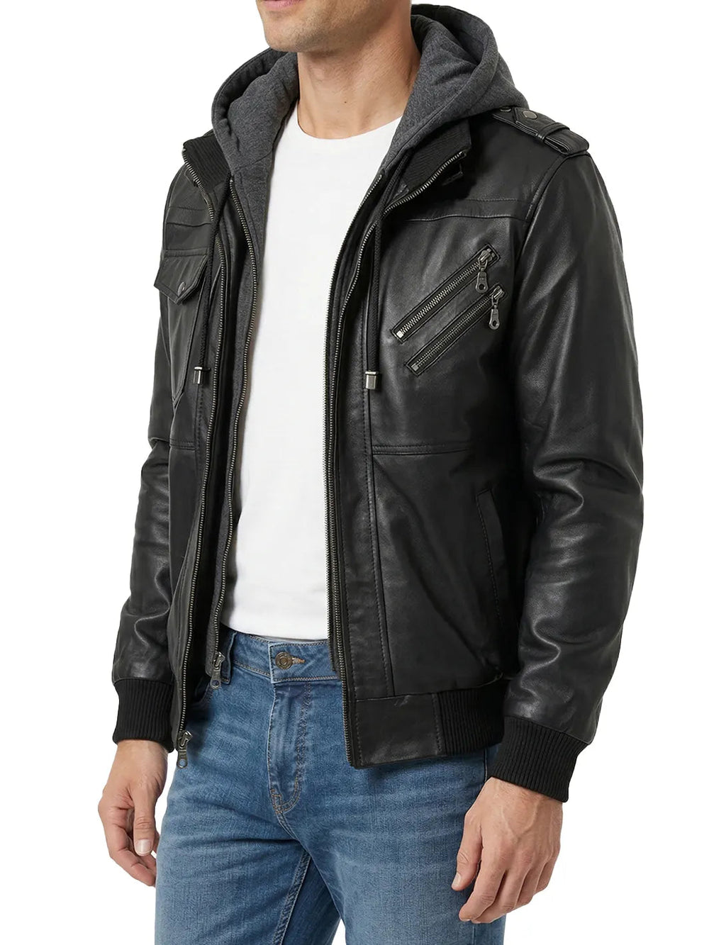 Jarvis black leather bomber jacket, front view — OX & ARMOR