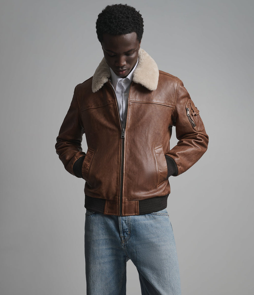 Kingsley cognac leather bomber jacket with shearling collar, detail view — OX & ARMOUR