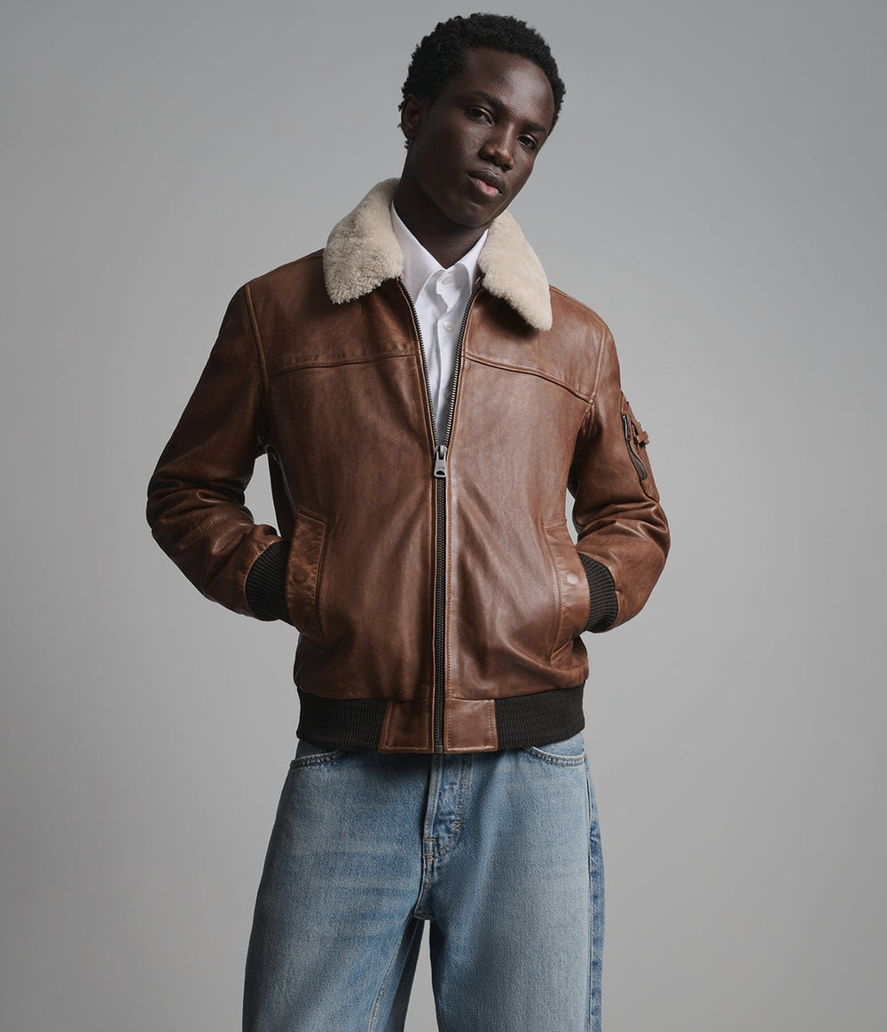 Kingsley cognac leather bomber jacket with shearling collar, detail view — OX & ARMOUR