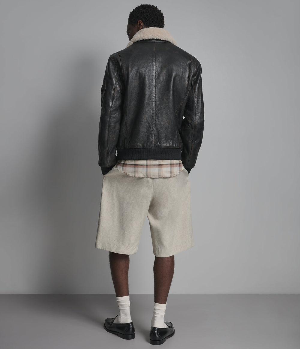 Marlowe brown leather aviator jacket with shearling collar, back view — OX & ARMOUR
