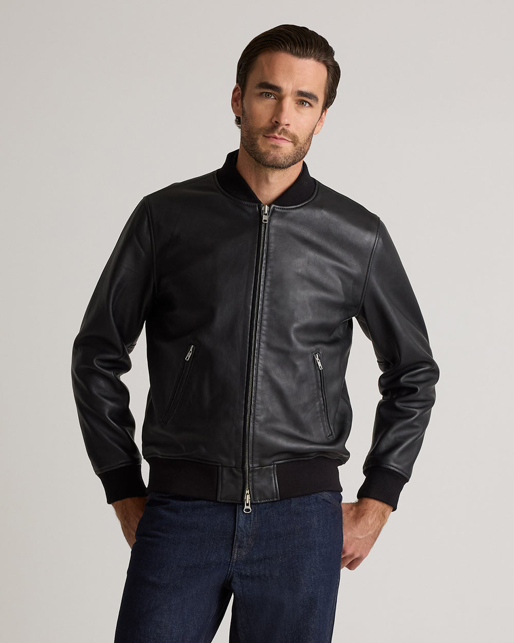 Merrick black washed leather bomber jacket, front view — OX & ARMOUR