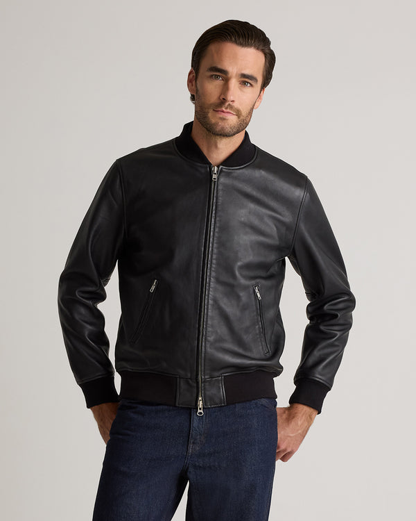 Merrick Black Washed Leather Bomber Jacket