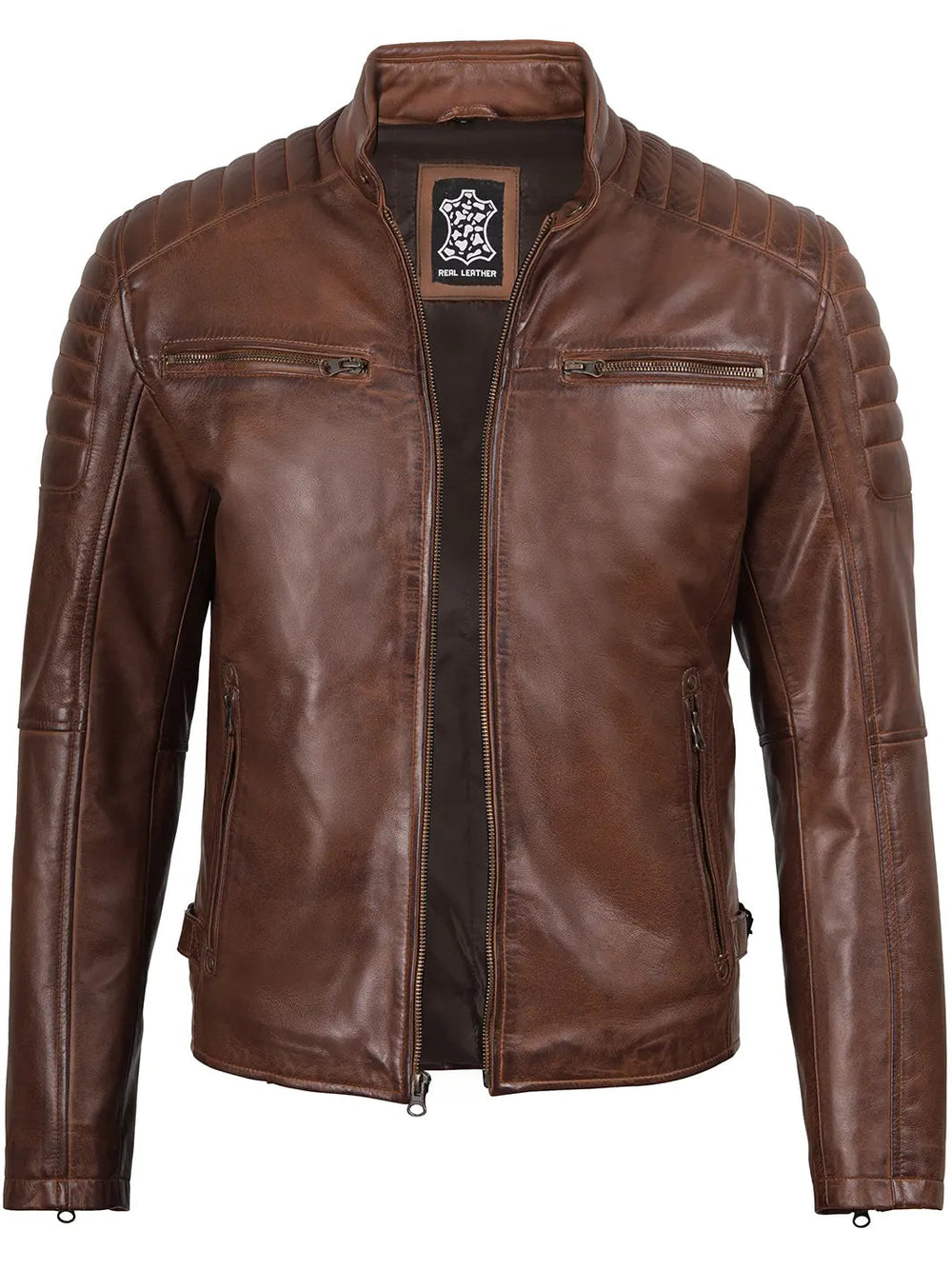 Miles cognac leather cafe racer jacket, detail view — OX & ARMOR