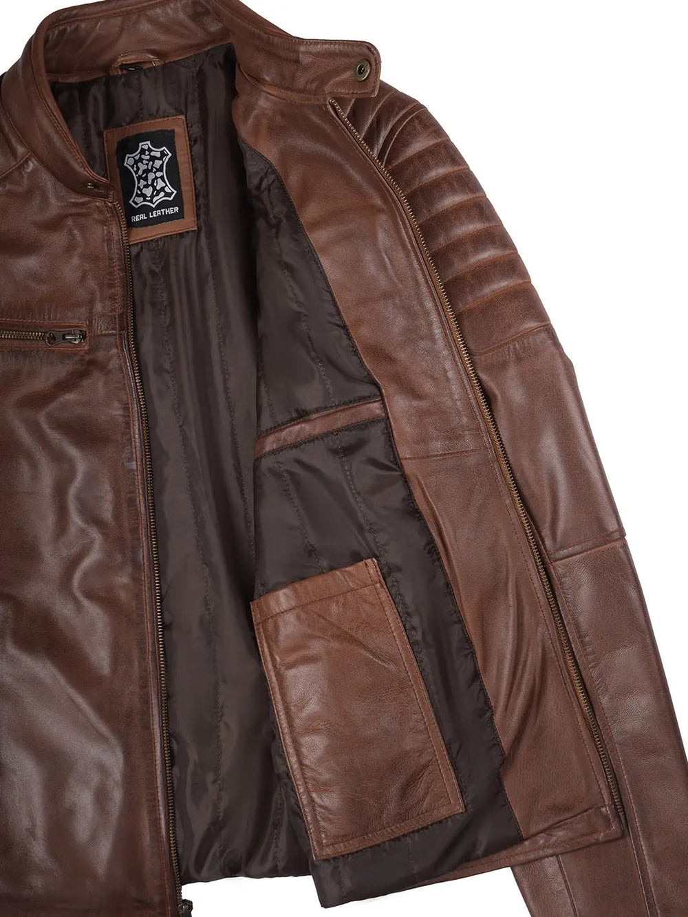 Miles cognac leather cafe racer jacket, back view — OX & ARMOR