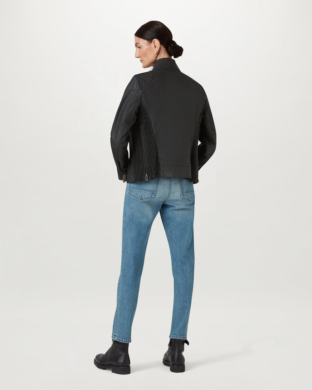 Nadia black waxed cotton biker jacket, detail view — OX & ARMOR