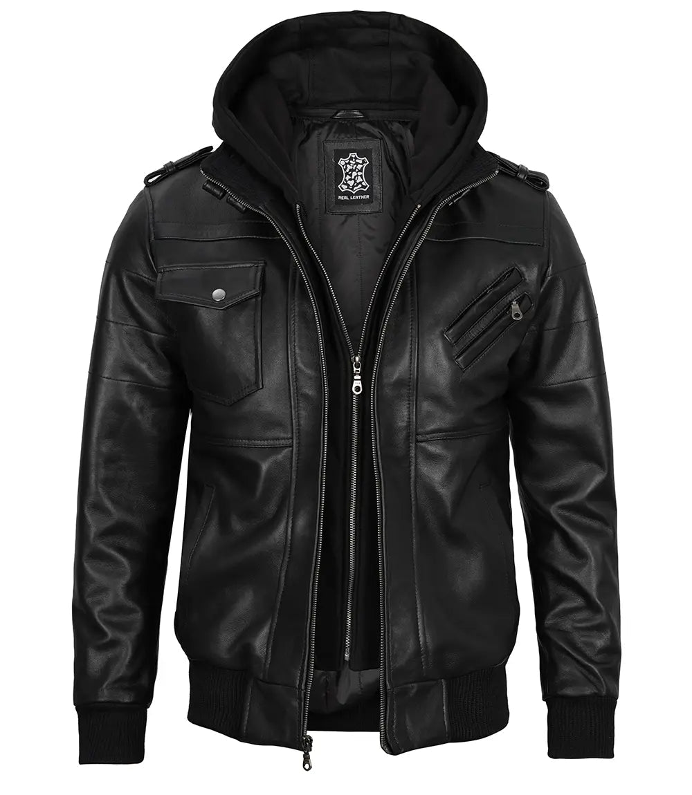 Ronan black hooded leather jacket, front view — OX & ARMOR