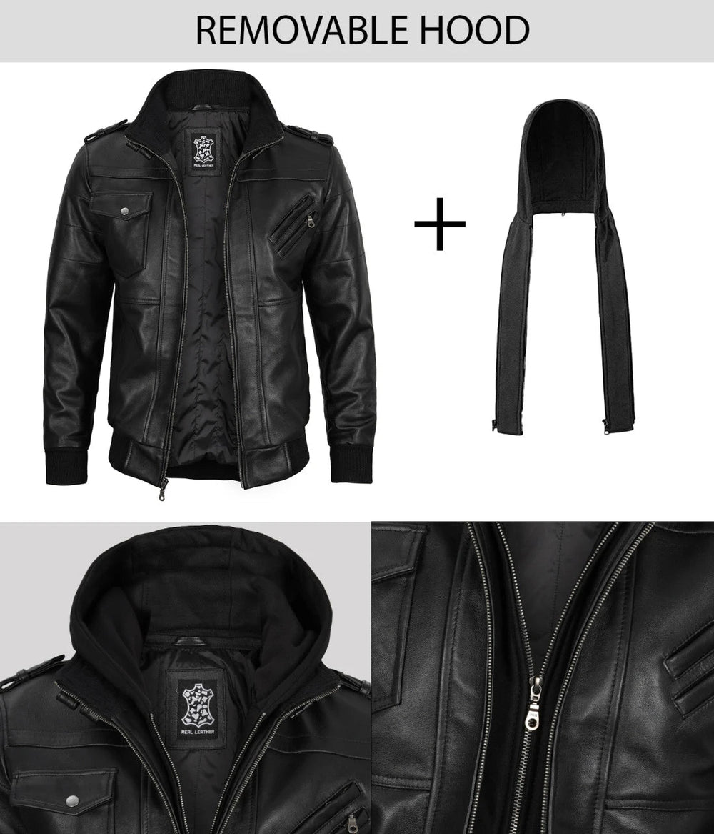 Ronan black hooded leather jacket, back view — OX & ARMOR