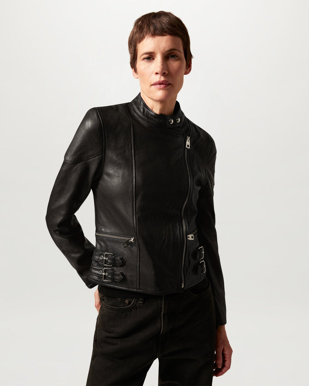 Simone black leather biker jacket, back view — OX & ARMOR