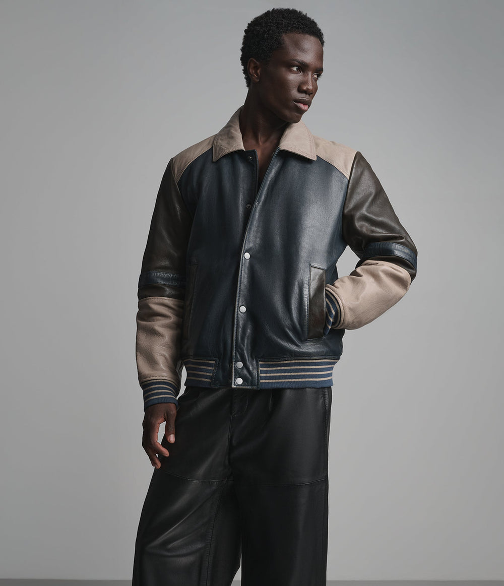 Sinclair navy and grey leather varsity jacket, detail view — OX & ARMOUR