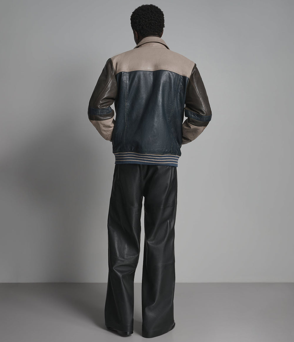 Sinclair navy and grey leather varsity jacket, back view — OX & ARMOUR