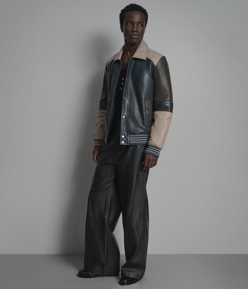Sinclair navy and grey leather varsity jacket, front view — OX & ARMOUR