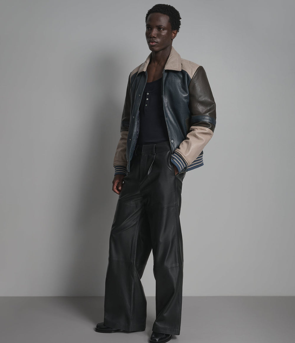 Sinclair navy and grey leather varsity jacket, detail view — OX & ARMOUR