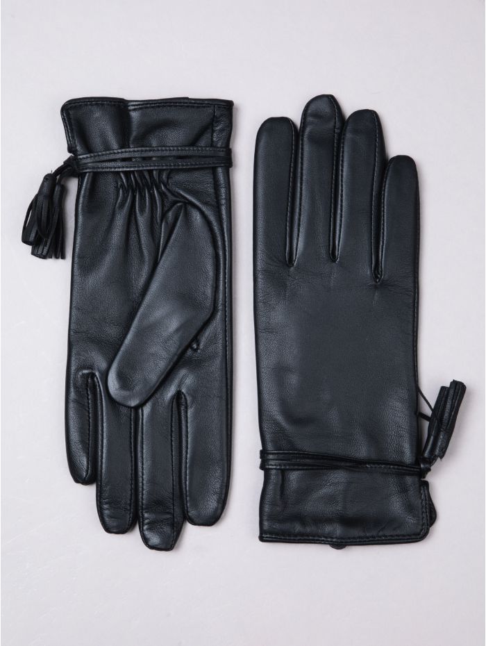 Tarraby black leather gloves with wrist tassel, front view — OX & ARMOR