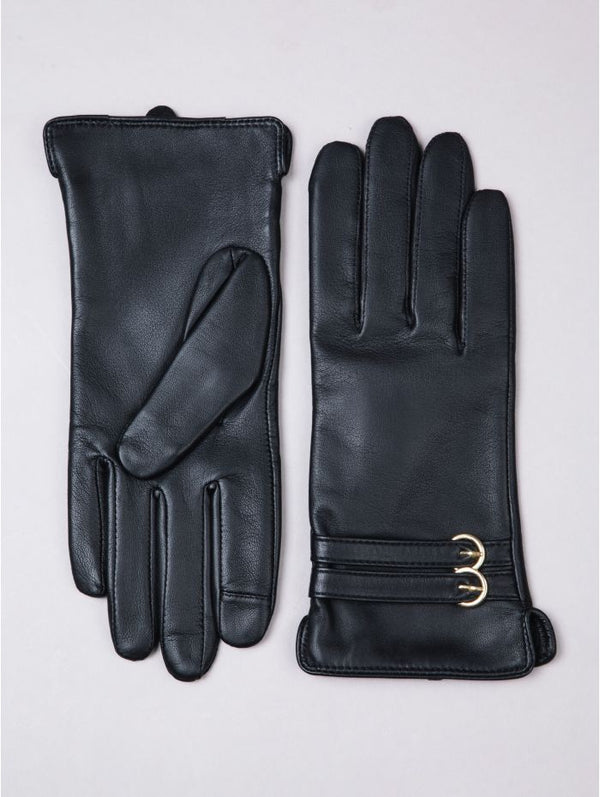 Twin Buckle Black Leather Gloves