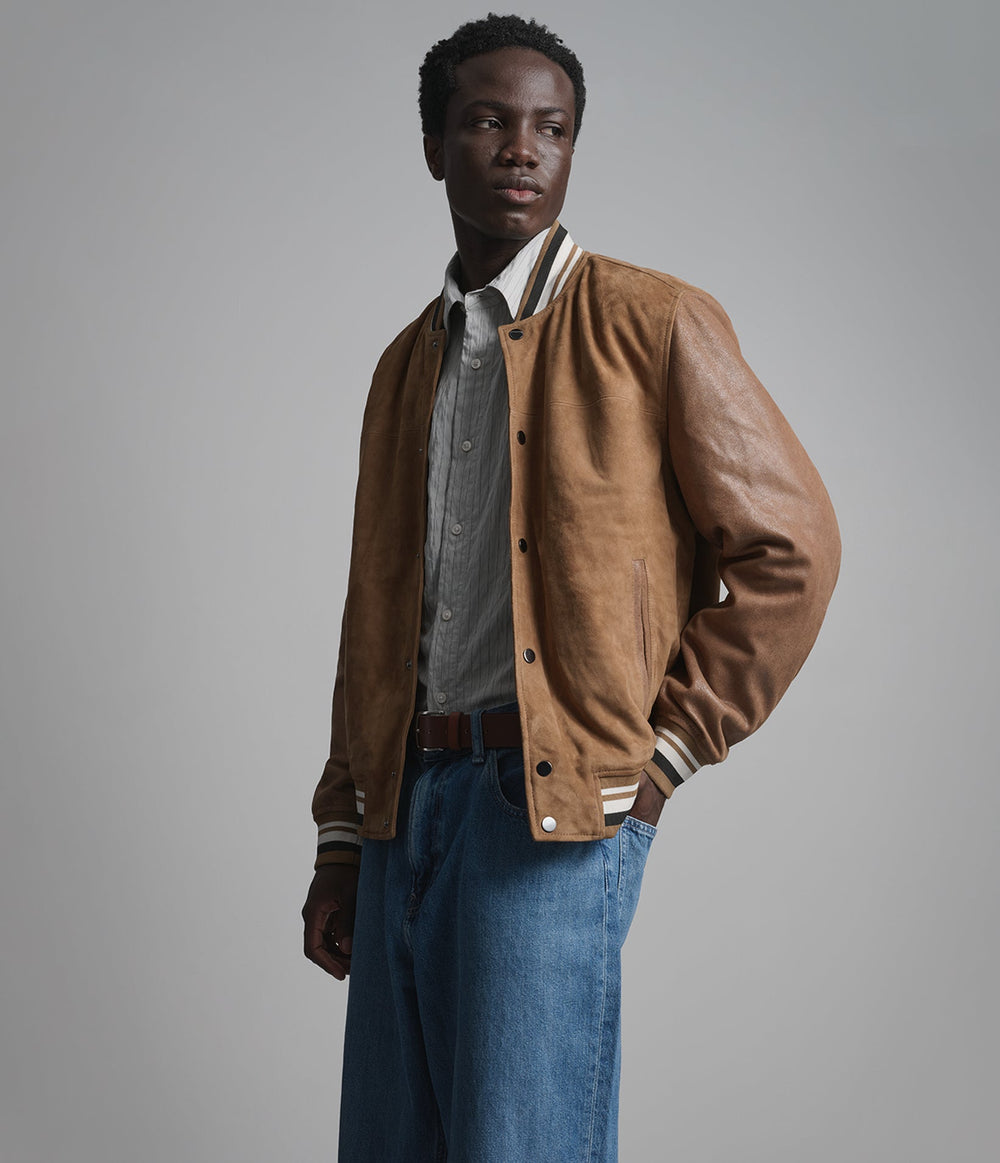 Wade camel suede varsity jacket, side view — OX & ARMOUR