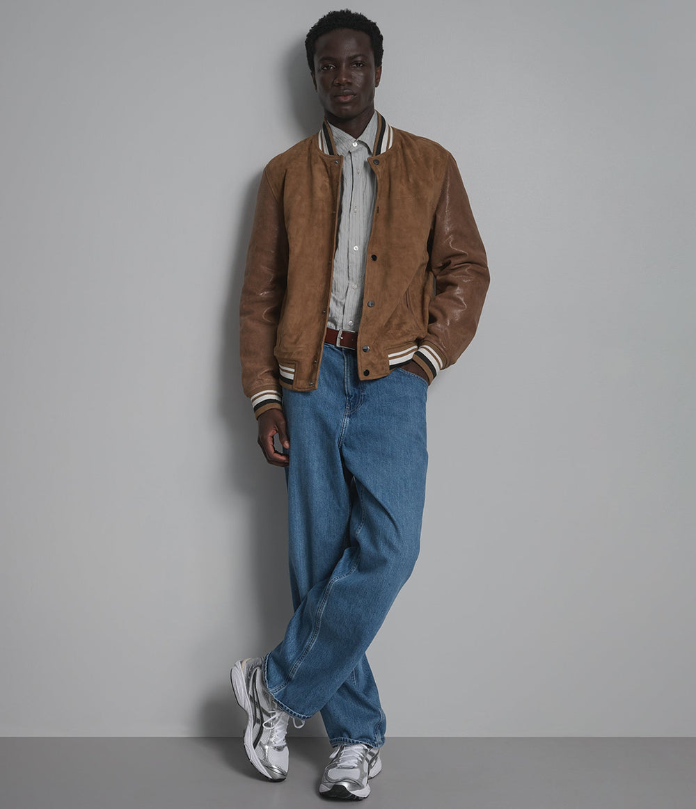 Wade camel suede varsity jacket, detail view — OX & ARMOUR