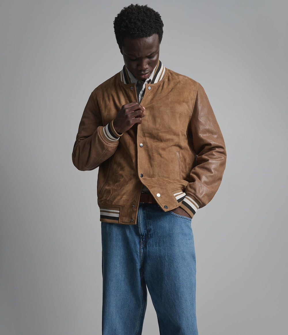 Wade camel suede varsity jacket, detail view — OX & ARMOUR