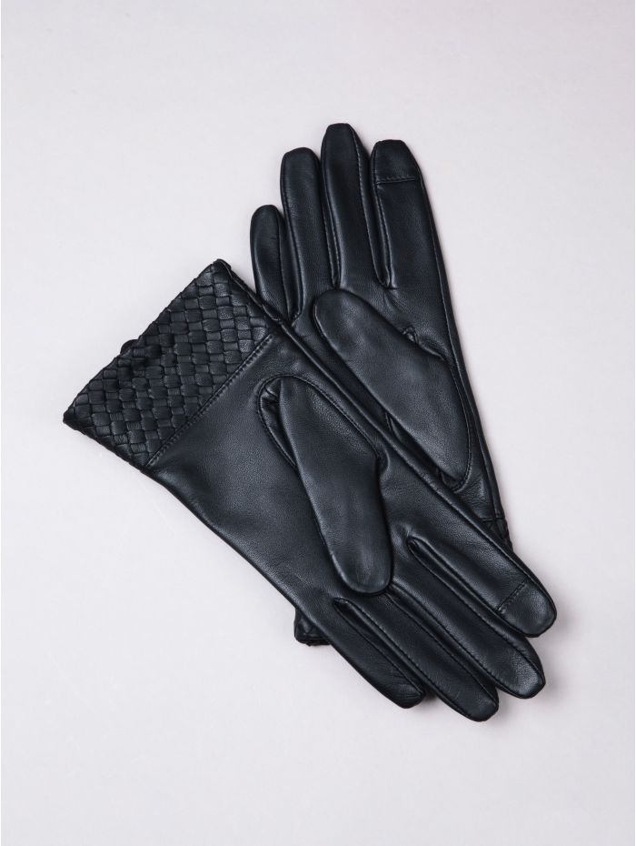 Willow black leather gloves with woven cuff, detail — OX & ARMOR