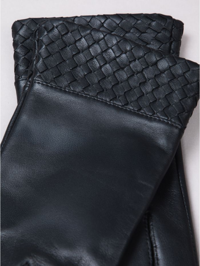 Willow black leather gloves with woven cuff, detail — OX & ARMOR