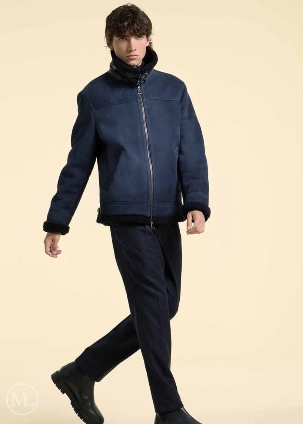 Adrian – Men’s Navy Suede Jacket with Black Shearling Wool Lining