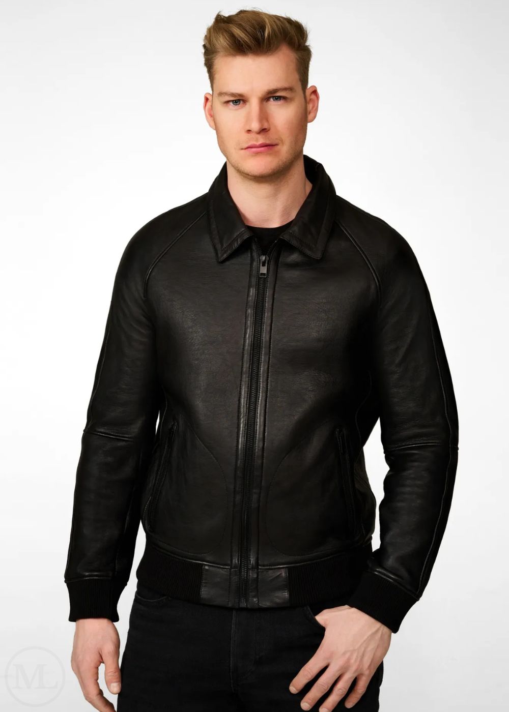 AeroLux - Black Nappa Leather Bomber Jacket with Shirt Collar