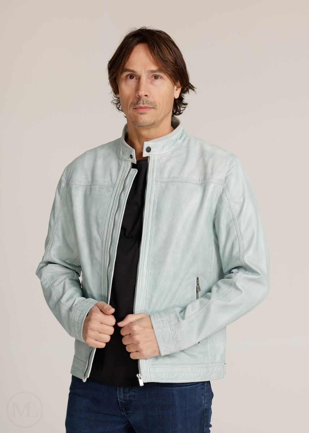 Aero – Men’s Perforated Café Racer Light Grey Leather Jacket