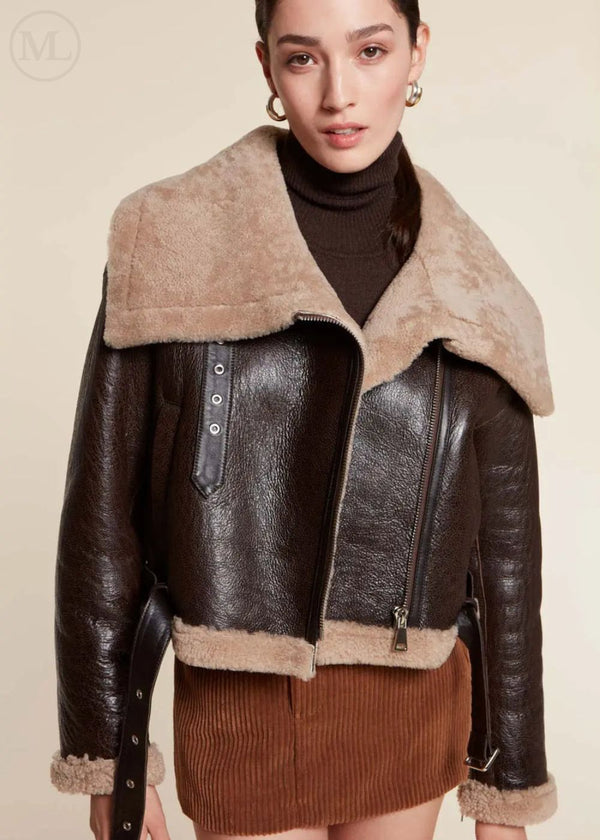 Alara – Women’s Dark Brown Cropped Real Shearling Aviator Jacket with Oversized Collar